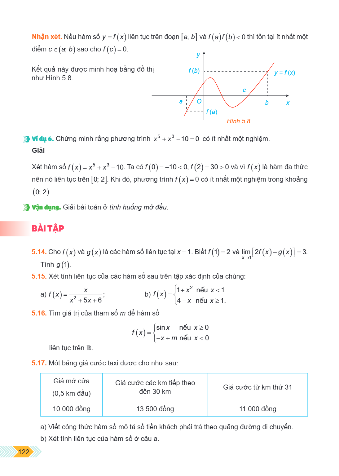 Nhận xét. Nếu hàm số $y = f(x)$ liên tục trên đoạn $[a; b]$ và $f(a)f(b) < 0$ thì tồn tại ít nhất một điểm $c \in (a; b)$ sao cho $f(c) = 0$. Kết quả này được m