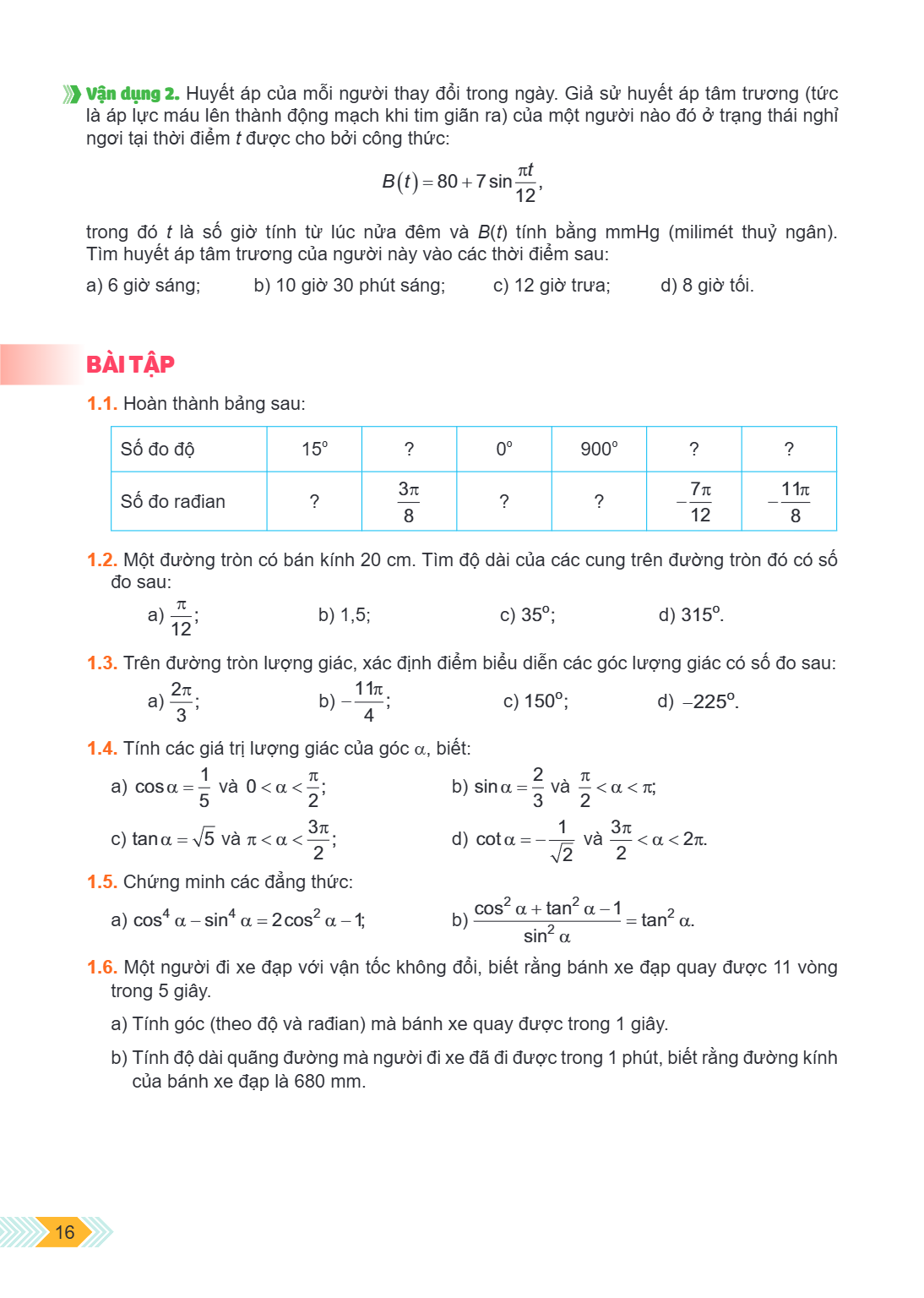 Vận dụng 2. Huyết áp của mỗi người thay đổi trong ngày. Giả sử huyết áp tâm trương (tức là áp lực máu lên thành động mạch khi tim giãn ra) của một người nào đó 