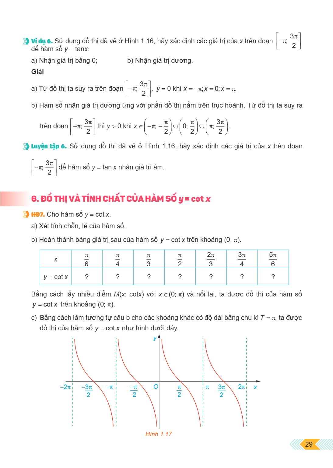Ví dụ 6. Sử dụng đồ thị đã vẽ ở Hình 1.16, hãy xác định các giá trị của $x$ trên đoạn $\left[ -\pi; \frac{3\pi}{2} \right]$ để hàm số $y = \tan x$: a) Nhận giá 