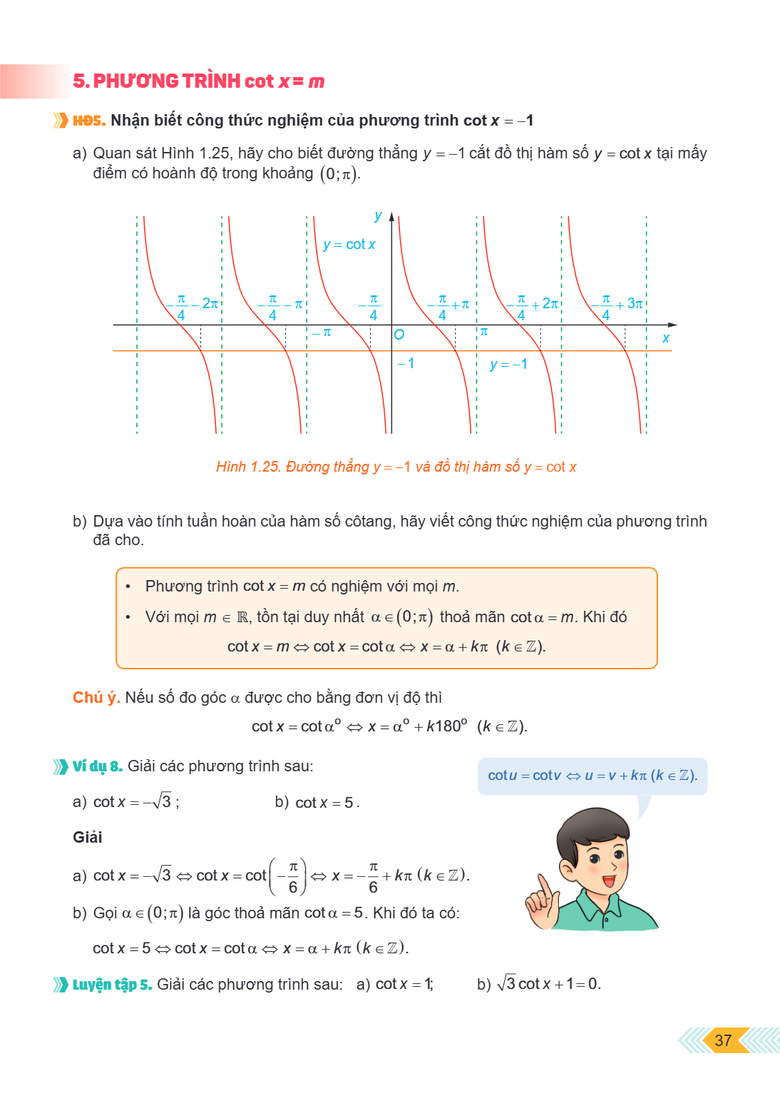 5. PHƯƠNG TRÌNH cot x = m HĐ5. Nhận biết công thức nghiệm của phương trình cot x = −1 a) Quan sát Hình 1.25, hãy cho biết đường thẳng y = −1 cắt đồ thị hàm số y