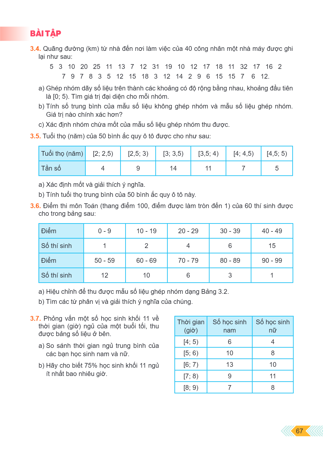 BÀI TẬP 3.4. Quãng đường (km) từ nhà đến nơi làm việc của 40 công nhân một nhà máy được ghi lại như sau: 5 3 10 20 25 11 13 7 12 31 19 10 12 17 18 11 32 17 16 2