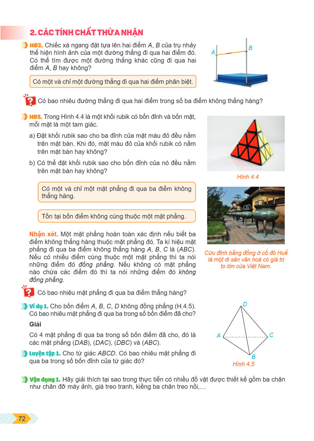 2. CÁC TÍNH CHẤT THỪA NHẬN » HĐ2. Chiếc xà ngang đặt tựa lên hai điểm $A, B$ của trụ nhảy thể hiện hình ảnh của một đường thẳng đi qua hai điểm đó. Có thể tìm đ