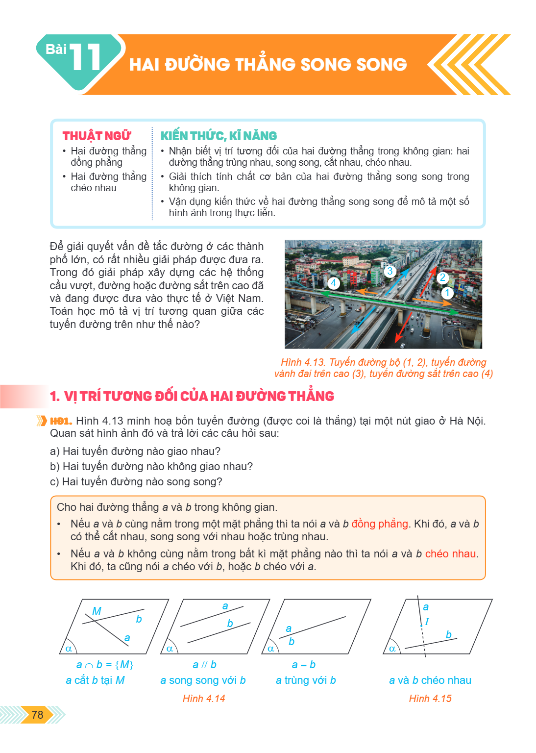 Bài 11. Hai đường thẳng song song THUẬT NGỮ Hai đường thẳng đồng phẳng Hai đường thẳng chéo nhau KIẾN THỨC, KĨ NĂNG Nhận biết vị trí tương đối của hai đường thẳ