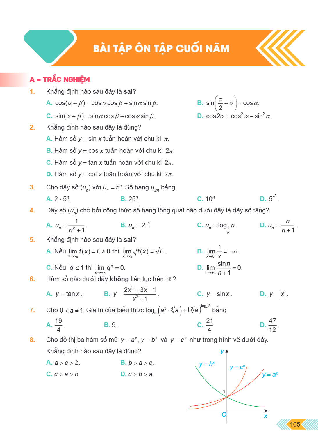Bài tập ôn tập cuối năm A – TRẮC NGHIỆM Khẳng định nào sau đây là sai? A. $\cos(\alpha + \beta) = \cos\alpha \cos\beta + \sin\alpha \sin\beta$. B. $\sin\left(\f