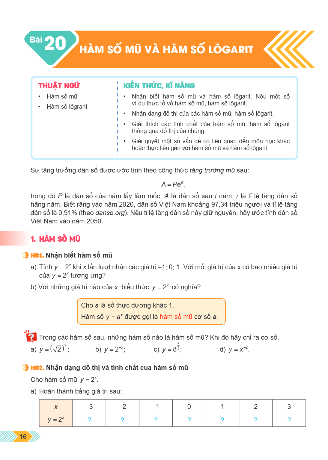 Bài 20. Hàm số mũ và hàm số lôgarit THUẬT NGỮ Hàm số mũ Hàm số lôgarit KIẾN THỨC, KĨ NĂNG Nhận biết hàm số mũ và hàm số lôgarit. Nêu một số ví dụ thực tế về hàm