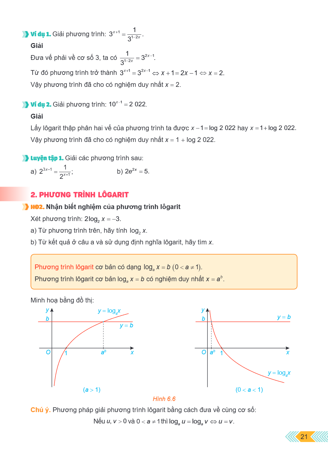 Ví dụ 1. Giải phương trình: $3^{x+1} = \frac{1}{3^{1-2x}}$. Giải Đưa về phải về cơ số 3, ta có $\frac{1}{3^{1-2x}} = 3^{2x-1}$. Từ đó phương trình trở thành $3^