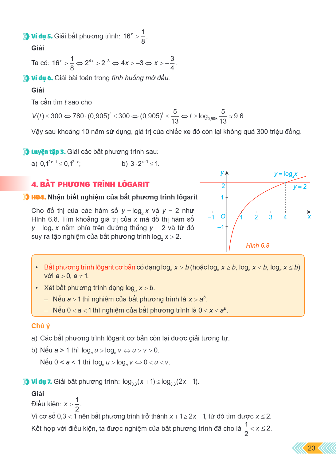 Ví dụ 5. Giải bất phương trình: $16^x > \frac{1}{8}$. Giải Ta có: $16^x > \frac{1}{8} \Leftrightarrow 2^{4x} > 2^{-3} \Leftrightarrow 4x > -3 \Leftrightarrow x 