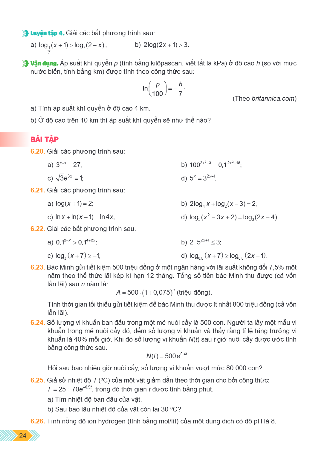 Luyện tập 4. Giải các bất phương trình sau: a) $\log_{\frac{1}{7}}(x + 1) > \log_7(2 - x)$; b) $2\log(2x + 1) > 3$. Vận dụng. Áp suất khí quyển $p$ (tính bằng k