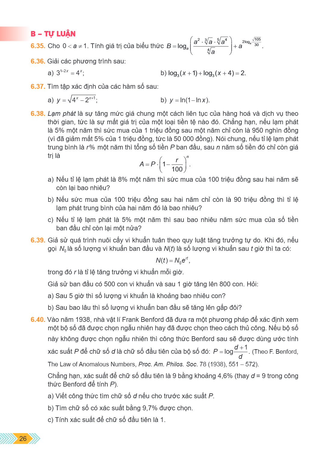 B – TỰ LUẬN 6.35. Cho $0 < a \ne 1$. Tính giá trị của biểu thức $B = \log_a\left(\frac{a^2 \cdot \sqrt[3]{a} \cdot \sqrt[5]{a^4}}{\sqrt[4]{a}}\right) + a^{2\log