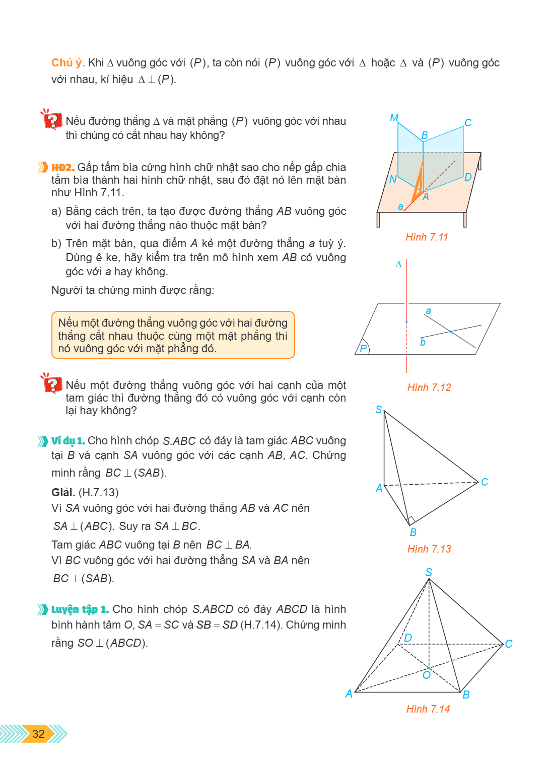 Chú ý. Khi $\Delta$ vuông góc với $(P)$, ta còn nói $(P)$ vuông góc với $\Delta$ hoặc $\Delta$ và $(P)$ vuông góc với nhau, kí hiệu $\Delta \perp (P)$. Nếu đườn