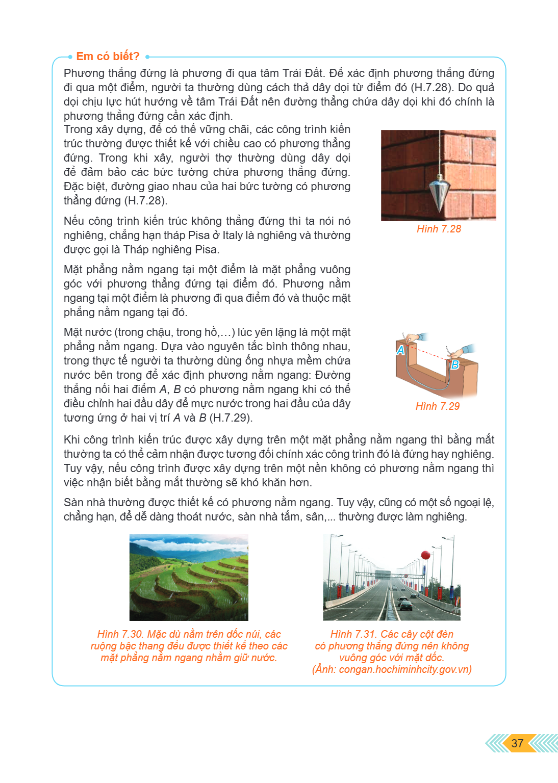 Em có biết? Phương thẳng đứng là phương đi qua tâm Trái Đất. Để xác định phương thẳng đứng đi qua một điểm, người ta thường dùng cách thả dây dọi từ điểm đó (H.