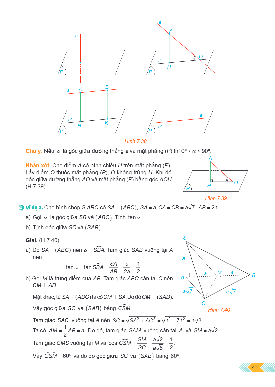 Hình 7.38 Chú ý. Nếu $\alpha$ là góc giữa đường thẳng $a$ và mặt phẳng $(P)$ thì $0^\circ \le \alpha \le 90^\circ$. Nhận xét. Cho điểm $A$ có hình chiếu $H$ trê