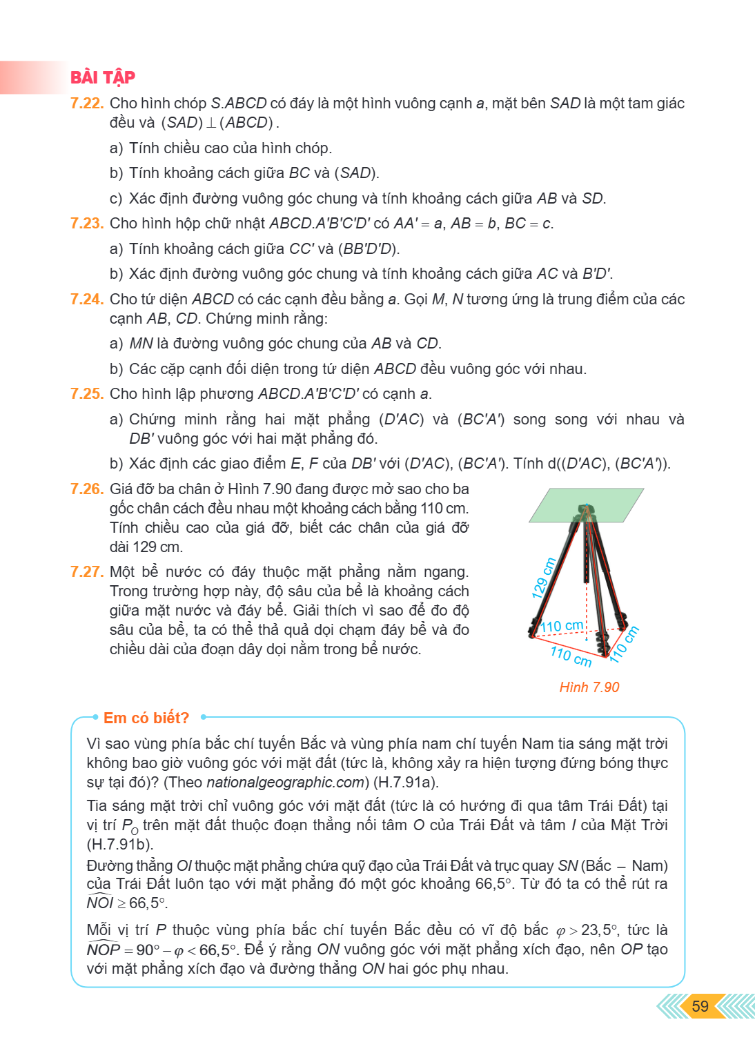 BÀI TẬP 7.22. Cho hình chóp $S.ABCD$ có đáy là một hình vuông cạnh $a$, mặt bên $SAD$ là một tam giác đều và $(SAD) \perp (ABCD)$. a) Tính chiều cao của hình ch