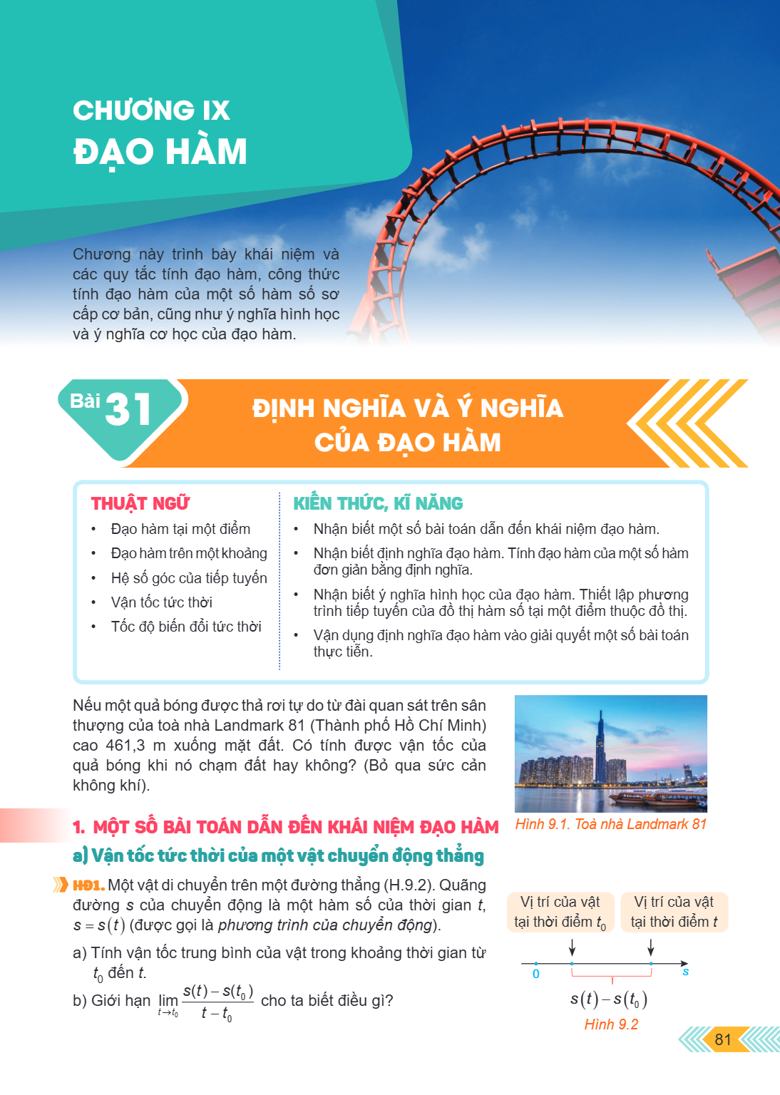 Chương IX. ĐẠO HÀM Chương này trình bày khái niệm và các quy tắc tính đạo hàm, công thức tính đạo hàm của một số hàm số sơ cấp cơ bản, cũng như ý nghĩa hình học