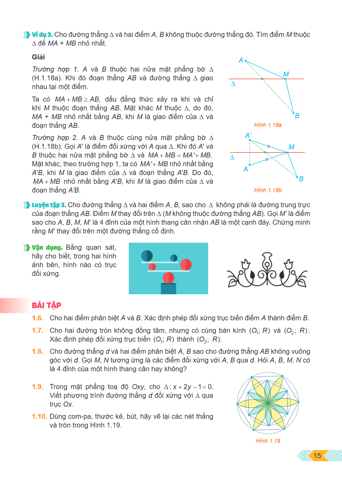 Ví dụ 3. Cho đường thẳng $\Delta$ và hai điểm $A, B$ không thuộc đường thẳng đó. Tìm điểm $M$ thuộc $\Delta$ để $MA + MB$ nhỏ nhất. Giải Trường hợp 1. $A$ và $B