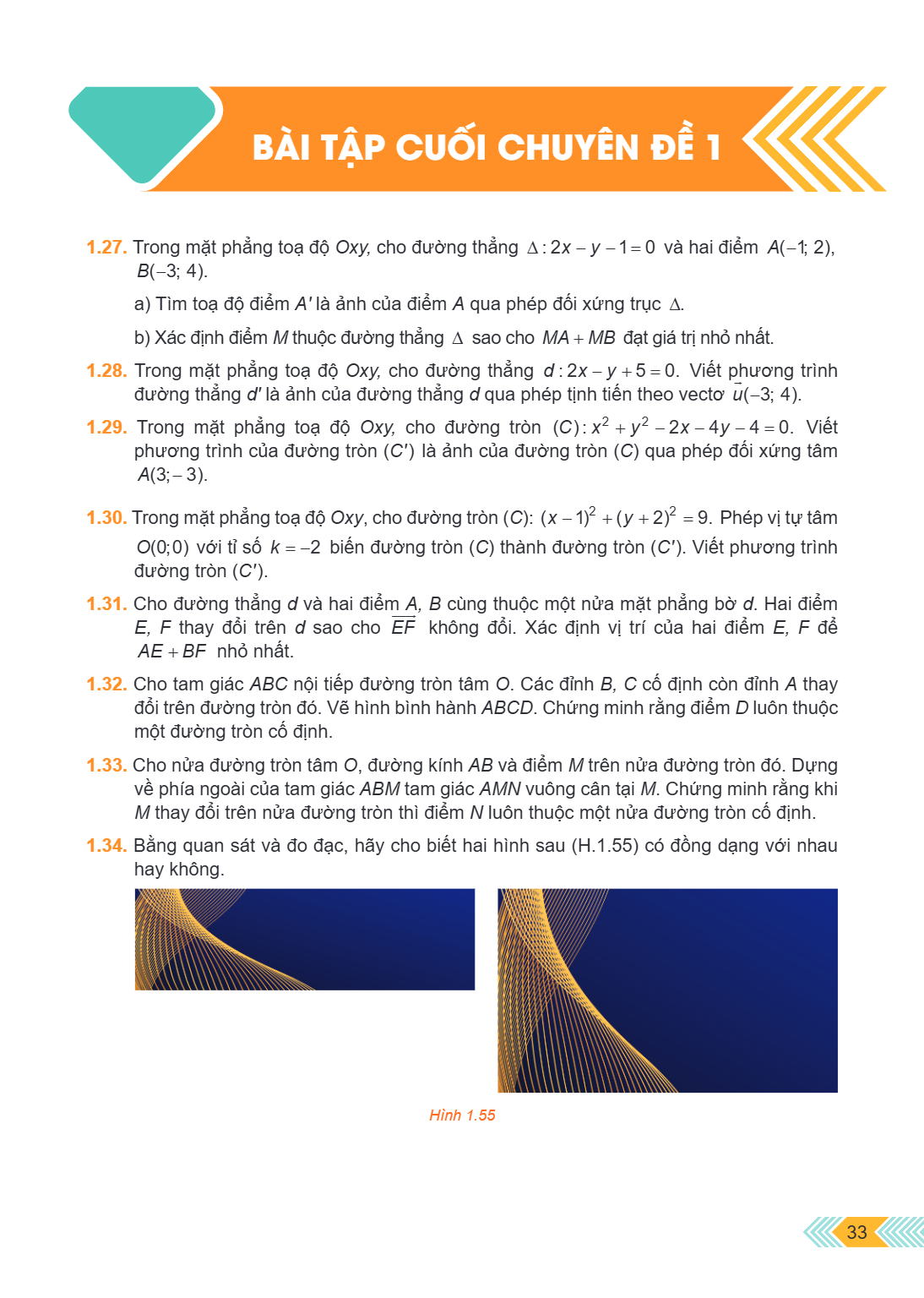 Bài tập cuối chuyên đề 1 1.27. Trong mặt phẳng tọa độ $Oxy$, cho đường thẳng $\Delta: 2x - y - 1 = 0$ và hai điểm $A(-1; 2)$, $B(-3; 4)$. a) Tìm tọa độ điểm $A'