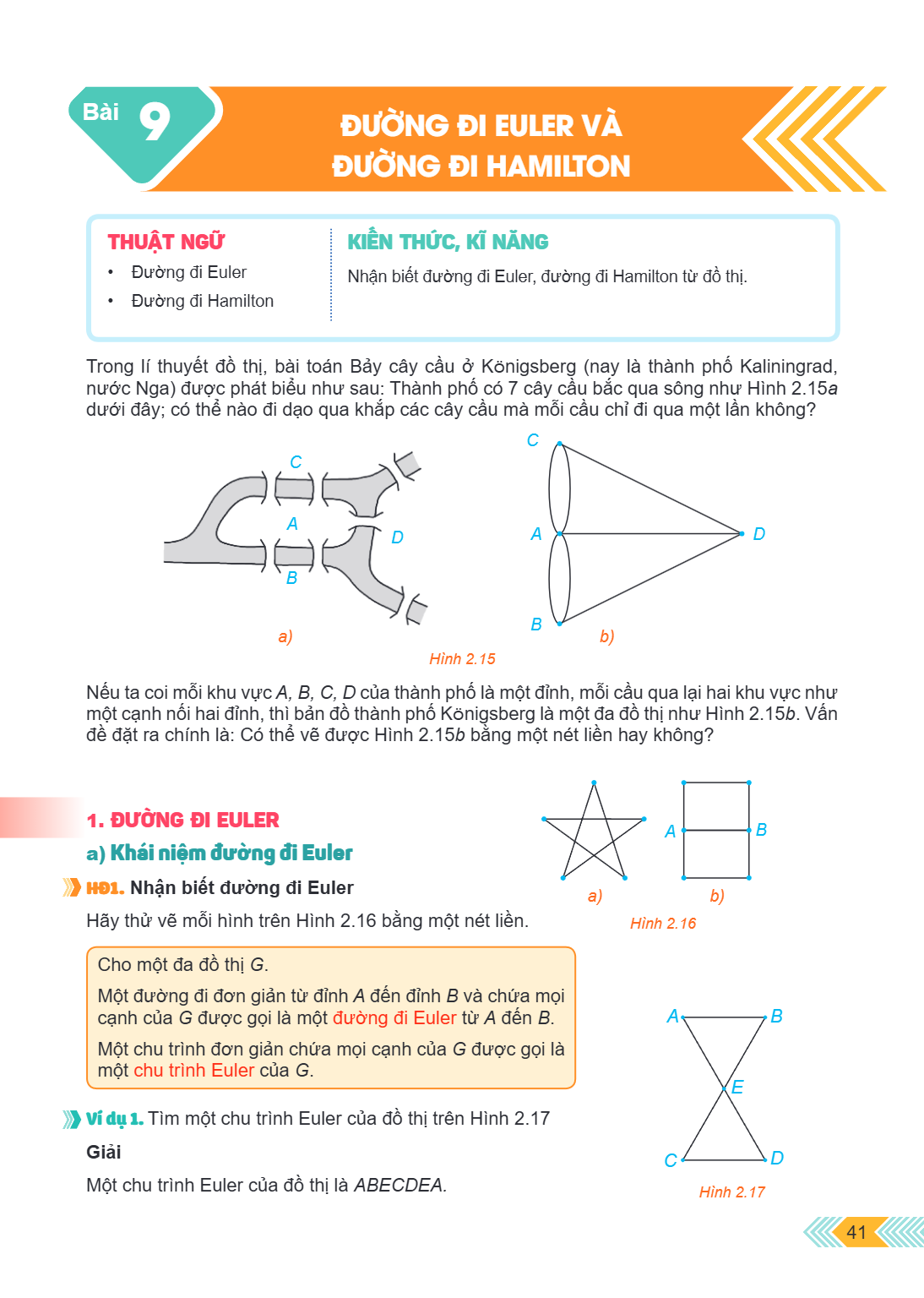 Bài 9. Đường đi Euler và đường đi Hamilton THUẬT NGỮ Đường đi Euler Đường đi Hamilton KIẾN THỨC, KĨ NĂNG Nhận biết đường đi Euler, đường đi Hamilton từ đồ thị. 