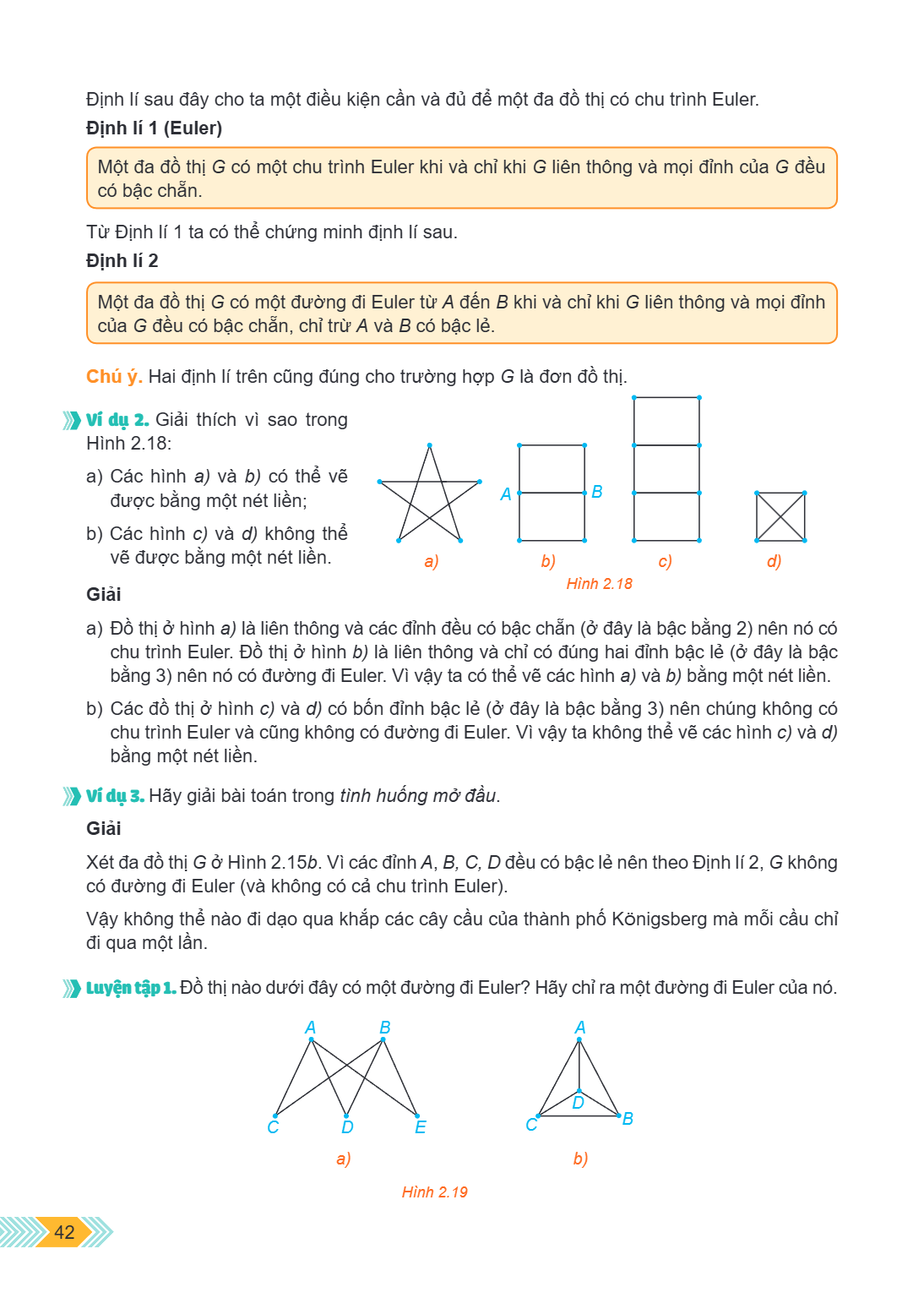 Định lí sau đây cho ta một điều kiện cần và đủ để một đa đồ thị có chu trình Euler. Định lí 1 (Euler) Một đa đồ thị $G$ có một chu trình Euler khi và chỉ khi $G