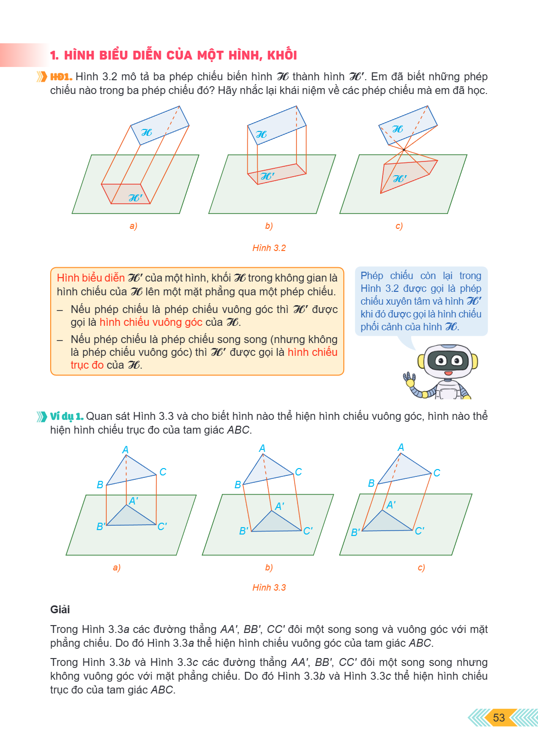 1. HÌNH BIỂU DIỄN CỦA MỘT HÌNH, KHỐI HĐ1. Hình 3.2 mô tả ba phép chiếu biến hình $\mathcal{H}$ thành hình $\mathcal{H}'$. Em đã biết những phép chiếu nào trong 