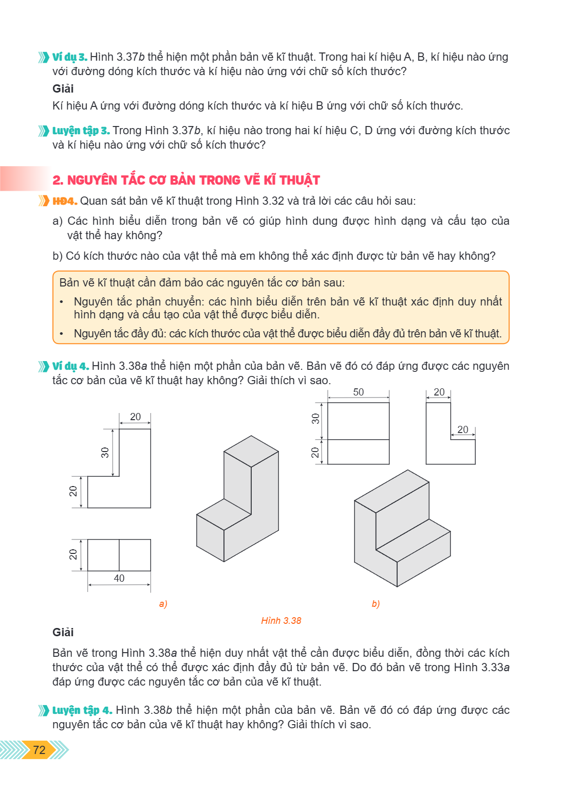 Ví dụ 3. Hình 3.37b thể hiện một phần bản vẽ kĩ thuật. Trong hai kí hiệu A, B, kí hiệu nào ứng với đường dóng kích thước và kí hiệu nào ứng với chữ số kích thướ