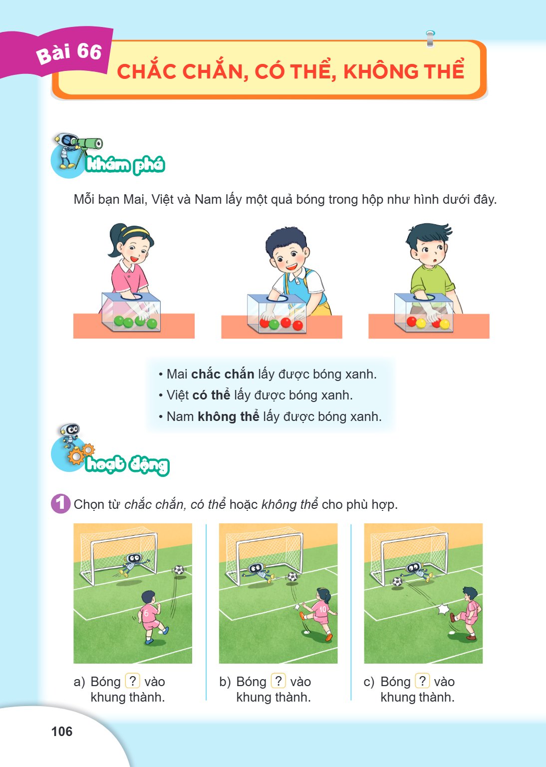Bài 66. Chắc chắn, có thể, không thể Khám phá Mỗi bạn Mai, Việt và Nam lấy một quả bóng trong hộp như hình dưới đây. Mai chắc chắn lấy được bóng xanh. Việt có t