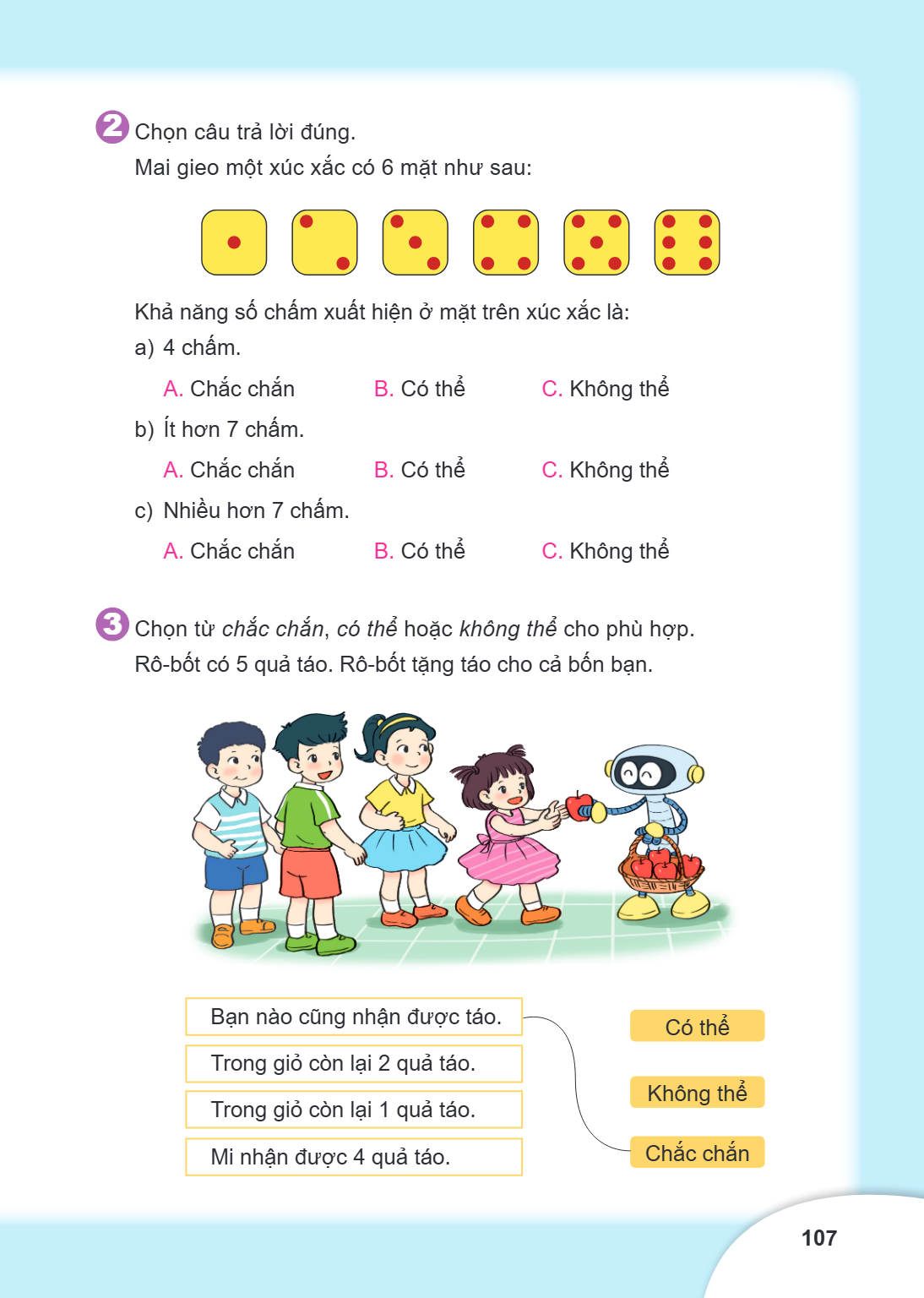 2 Chọn câu trả lời đúng. Mai gieo một xúc xắc có 6 mặt như sau: Khả năng số chấm xuất hiện ở mặt trên xúc xắc là: a) 4 chấm. A. Chắc chắn B. Có thể C. Không thể