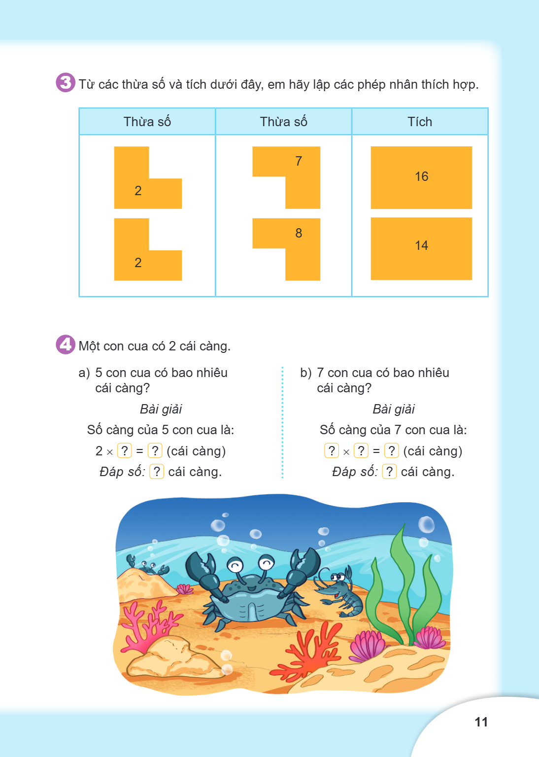 3. Từ các thừa số và tích dưới đây, em hãy lập các phép nhân thích hợp. Thừa số, Thừa số, Tích 2, 7, 16 2, 8, 14 4. Một con cua có 2 cái càng. a) 5 con cua có b