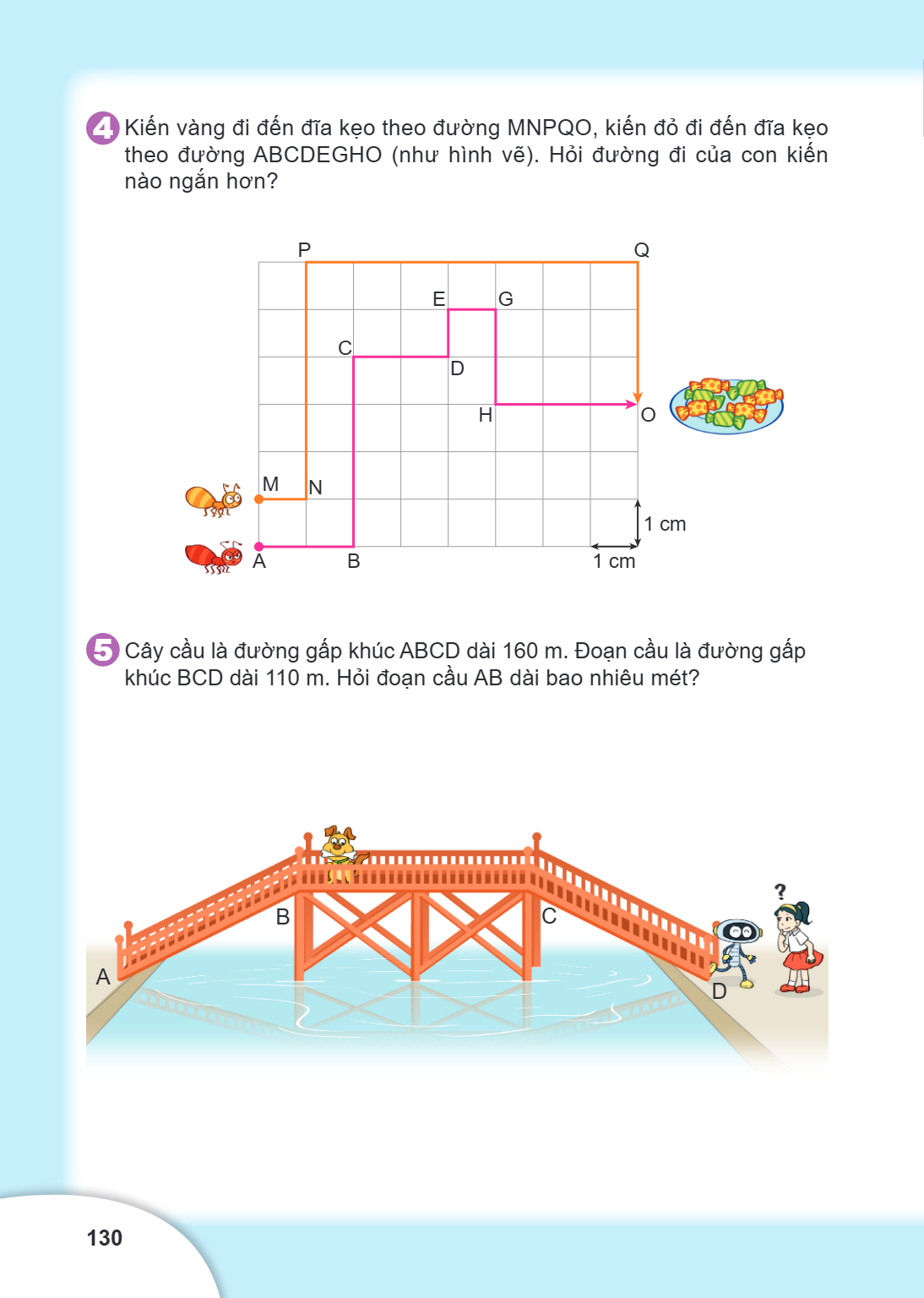 4. Kiến vàng đi đến đĩa kẹo theo đường MNPQO, kiến đỏ đi đến đĩa kẹo theo đường ABCDEGHO (như hình vẽ). Hỏi đường đi của con kiến nào ngắn hơn? 5. Cây cầu là đư
