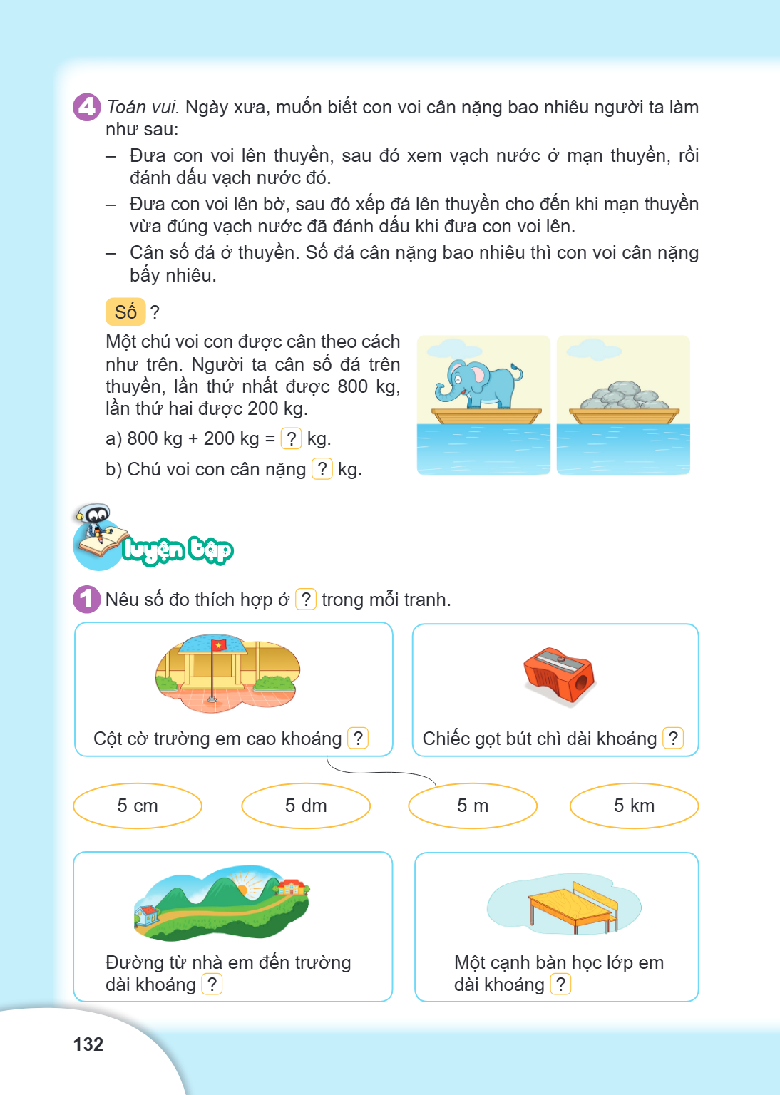 4 Toán vui. Ngày xưa, muốn biết con voi cân nặng bao nhiêu người ta làm như sau: – Đưa con voi lên thuyền, sau đó xem vạch nước ở mạn thuyền, rồi đánh dấu vạch 