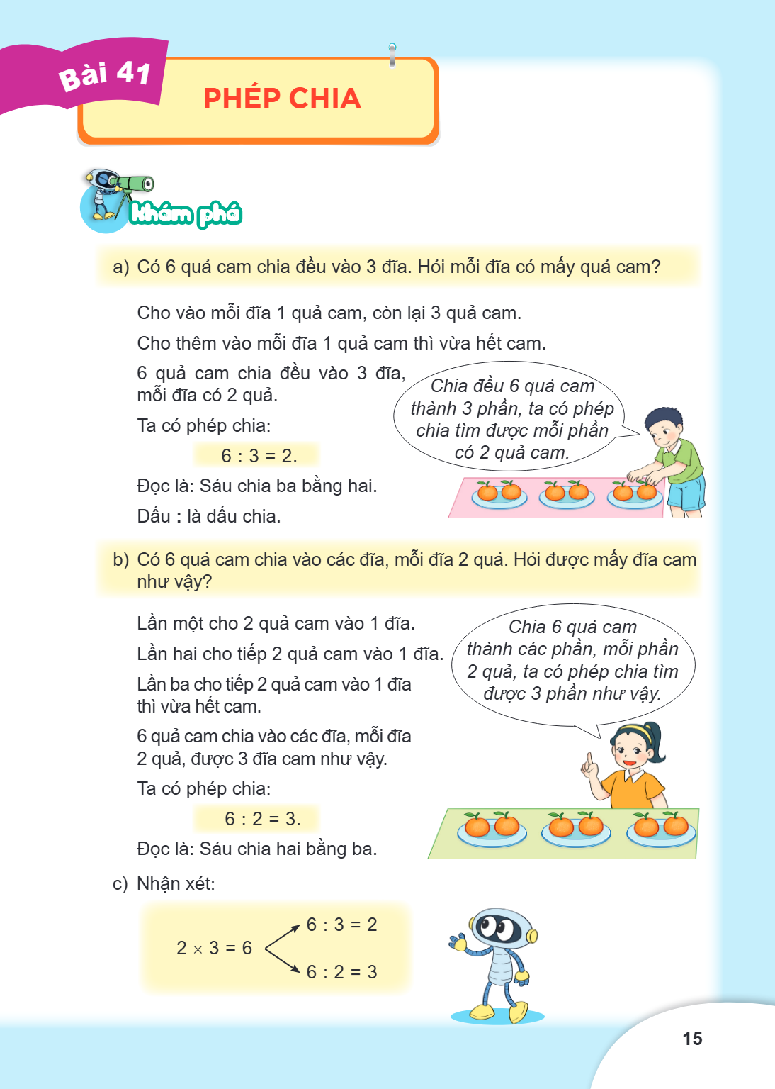 Bài 41. Phép chia Khám phá a) Có 6 quả cam chia đều vào 3 đĩa. Hỏi mỗi đĩa có mấy quả cam? Cho vào mỗi đĩa 1 quả cam, còn lại 3 quả cam. Cho thêm vào mỗi đĩa 1 