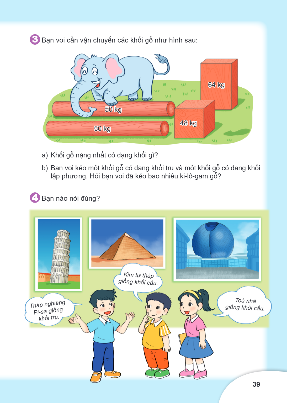 3 Bạn voi cần vận chuyển các khối gỗ như hình sau: a) Khối gỗ nặng nhất có dạng khối gì? b) Bạn voi kéo một khối gỗ có dạng khối trụ và một khối gỗ có dạng khối