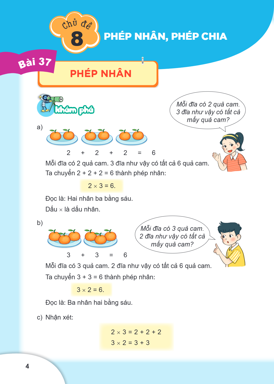 Bài 37. Phép nhân Bài 37. PHÉP NHÂN Khám phá a) 2 + 2 + 2 = 6 Mỗi đĩa có 2 quả cam. 3 đĩa như vậy có tất cả 6 quả cam. Ta chuyển $2 + 2 + 2 = 6$ thành phép nhân