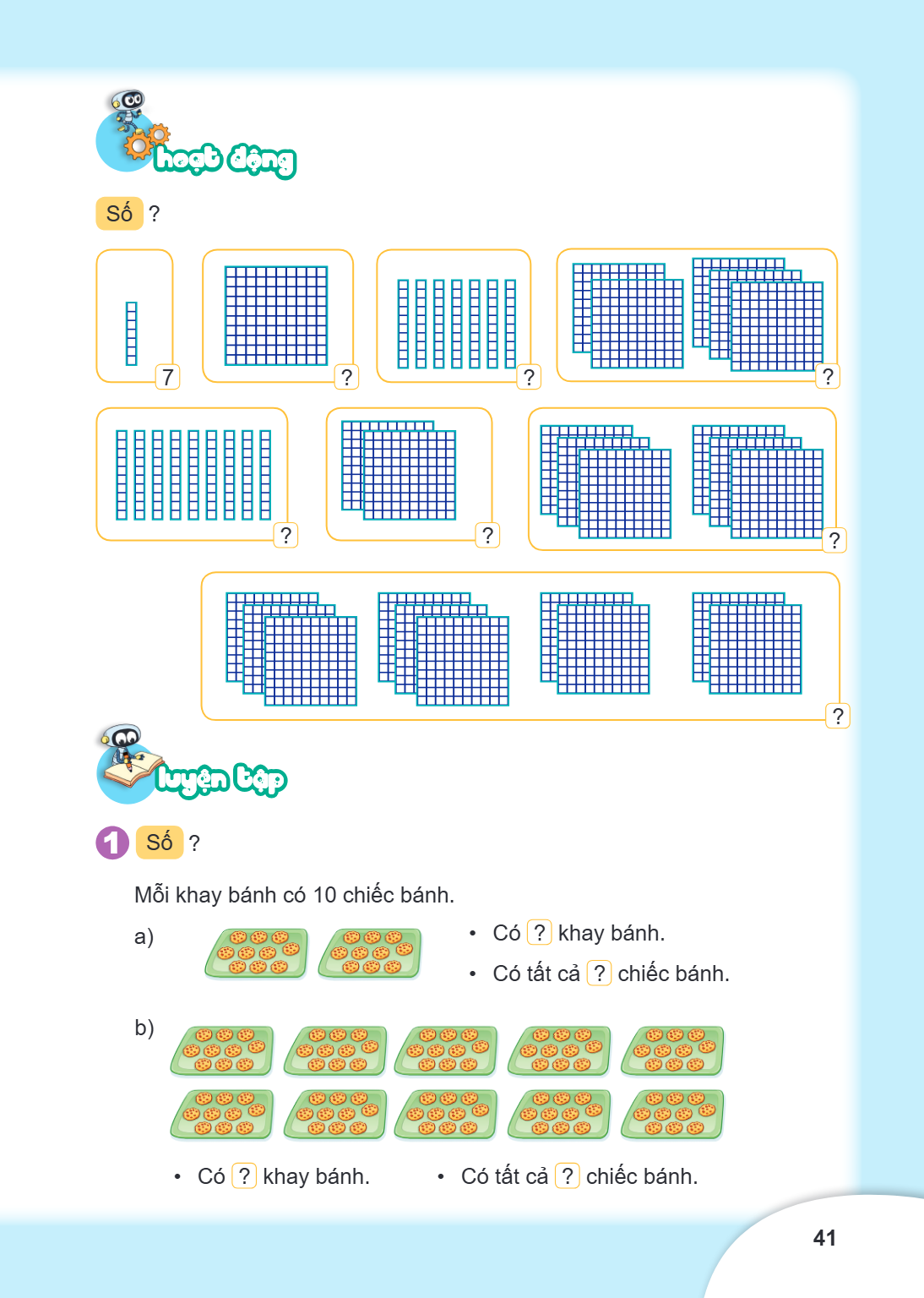 Hoạt động Số ? 7 ? ? ? ? ? ? ? Luyện tập 1. Số ? Mỗi khay bánh có 10 chiếc bánh. a) • Có [?] khay bánh. • Có tất cả [?] chiếc bánh. b) • Có [?] khay bánh. • Có 