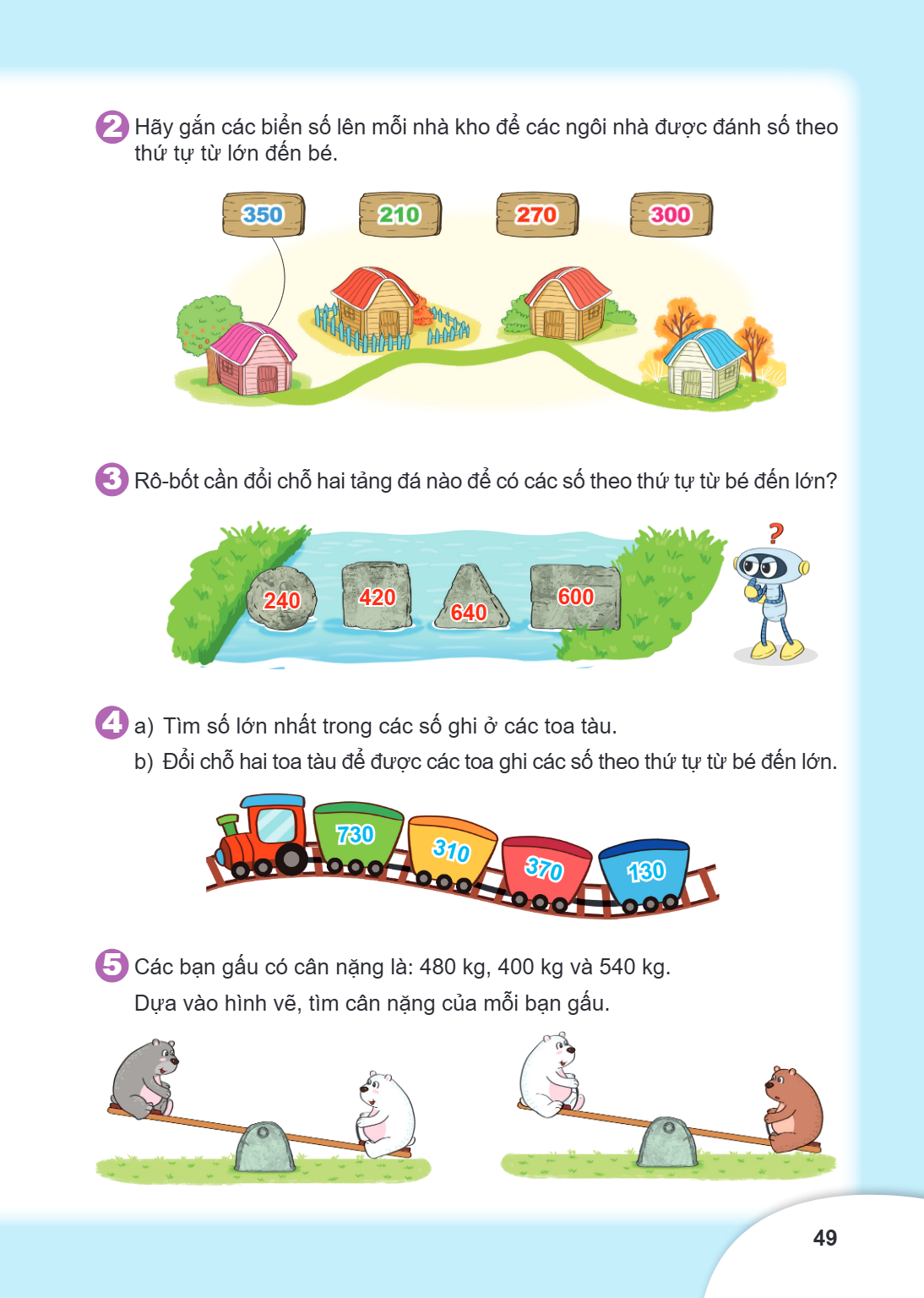 2. Hãy gắn các biển số lên mỗi nhà kho để các ngôi nhà được đánh số theo thứ tự từ lớn đến bé. 3. Rô-bốt cần đổi chỗ hai tảng đá nào để có các số theo thứ tự từ