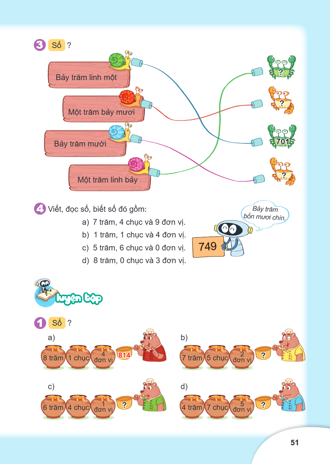 3 Số ? Bảy trăm linh một Một trăm bảy mươi Bảy trăm mười Một trăm linh bảy 4 Viết, đọc số, biết số đó gồm: a) 7 trăm, 4 chục và 9 đơn vị. b) 1 trăm, 1 chục và 4