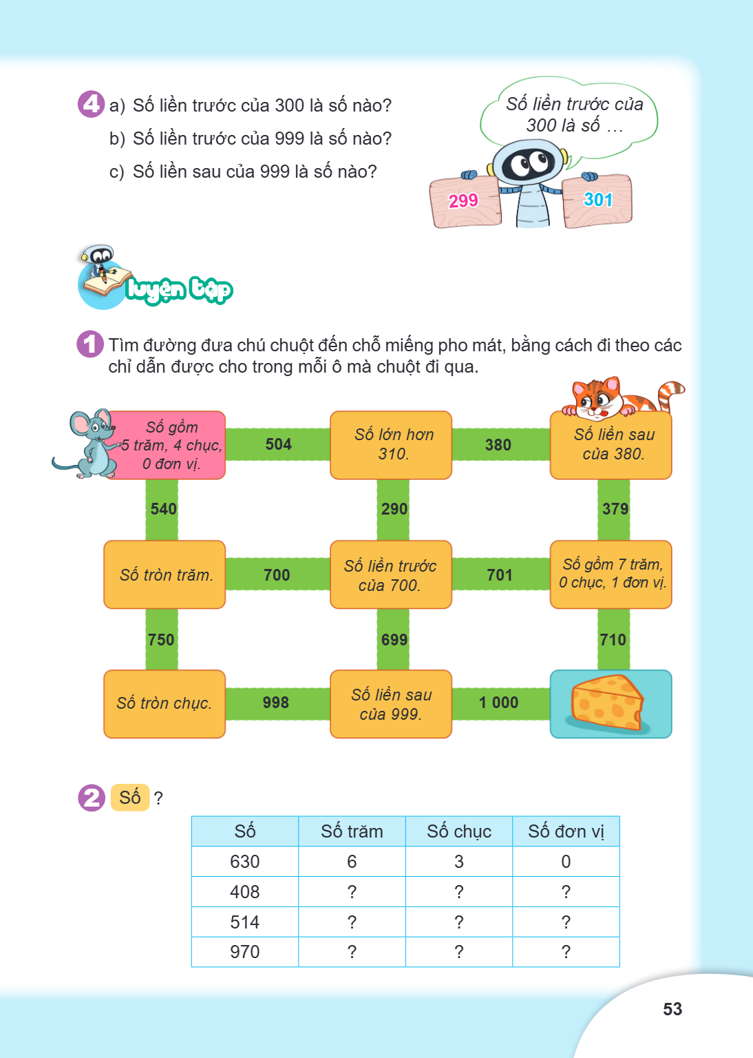 4 a) Số liền trước của 300 là số nào? b) Số liền trước của 999 là số nào? c) Số liền sau của 999 là số nào? Số liền trước của 300 là số ... Luyện tập 1 Tìm đườn