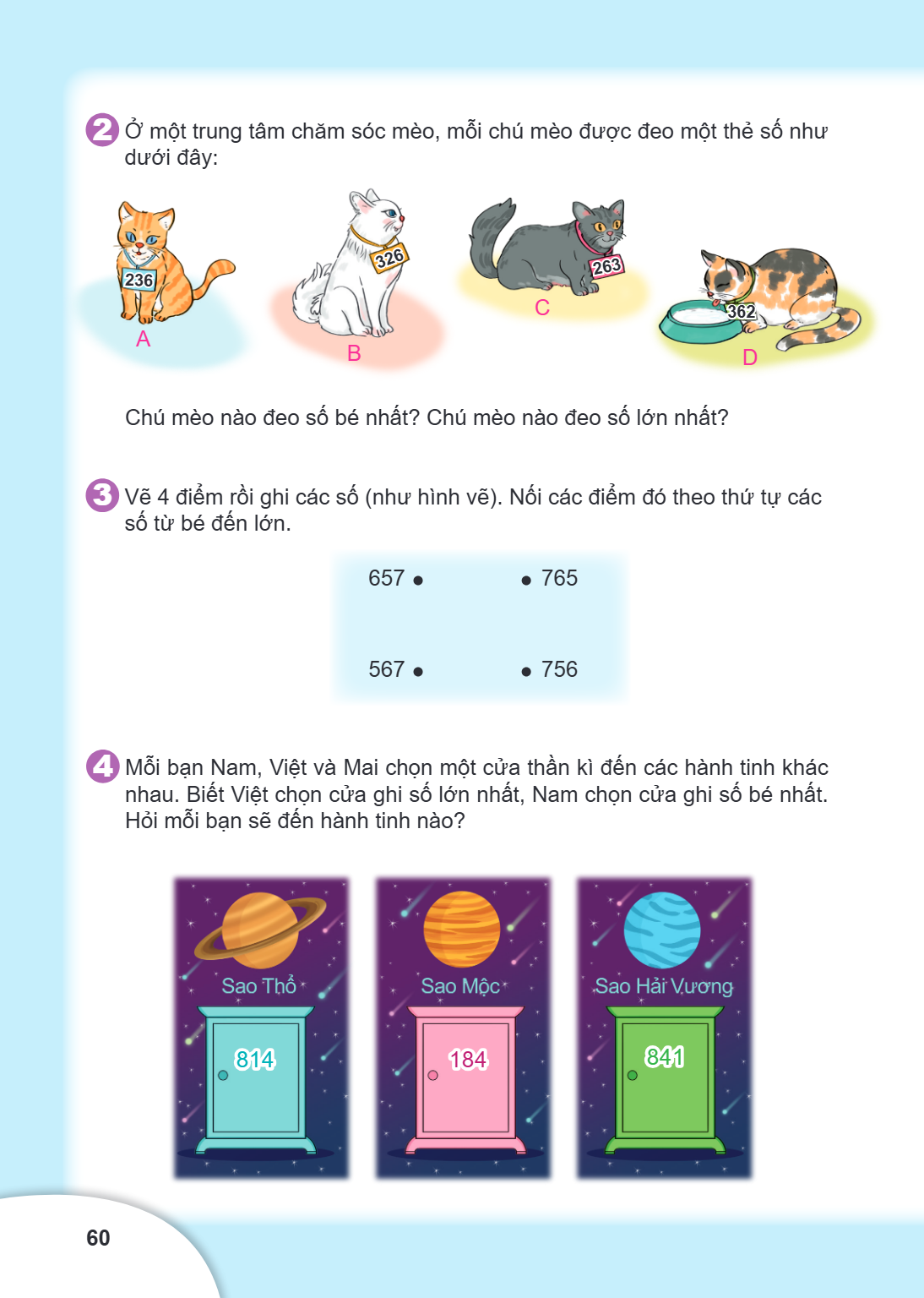 2. Ở một trung tâm chăm sóc mèo, mỗi chú mèo được đeo một thẻ số như dưới đây: A B C D Chú mèo nào đeo số bé nhất? Chú mèo nào đeo số lớn nhất? 3. Vẽ 4 điểm rồi