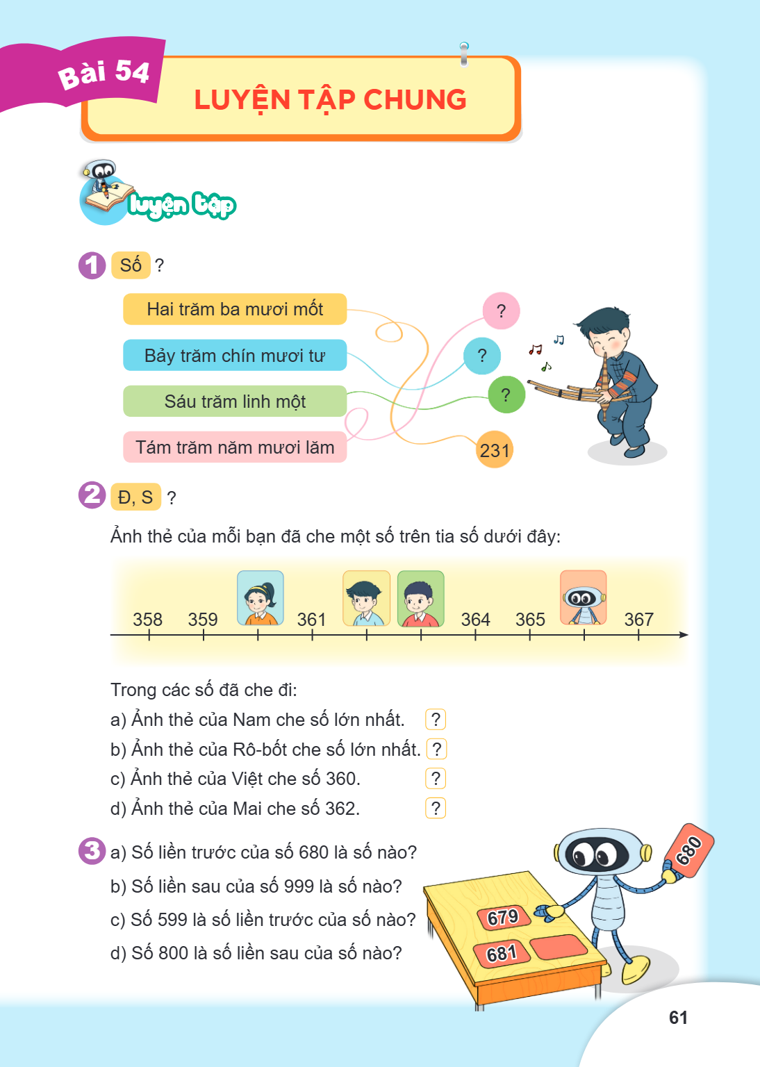 Luyện tập chung Luyện tập 1 Số ? Hai trăm ba mươi mốt Bảy trăm chín mươi tư Sáu trăm linh một Tám trăm năm mươi lăm ? ? ? 231 2 Đ, S ? Ảnh thẻ của mỗi bạn đã ch