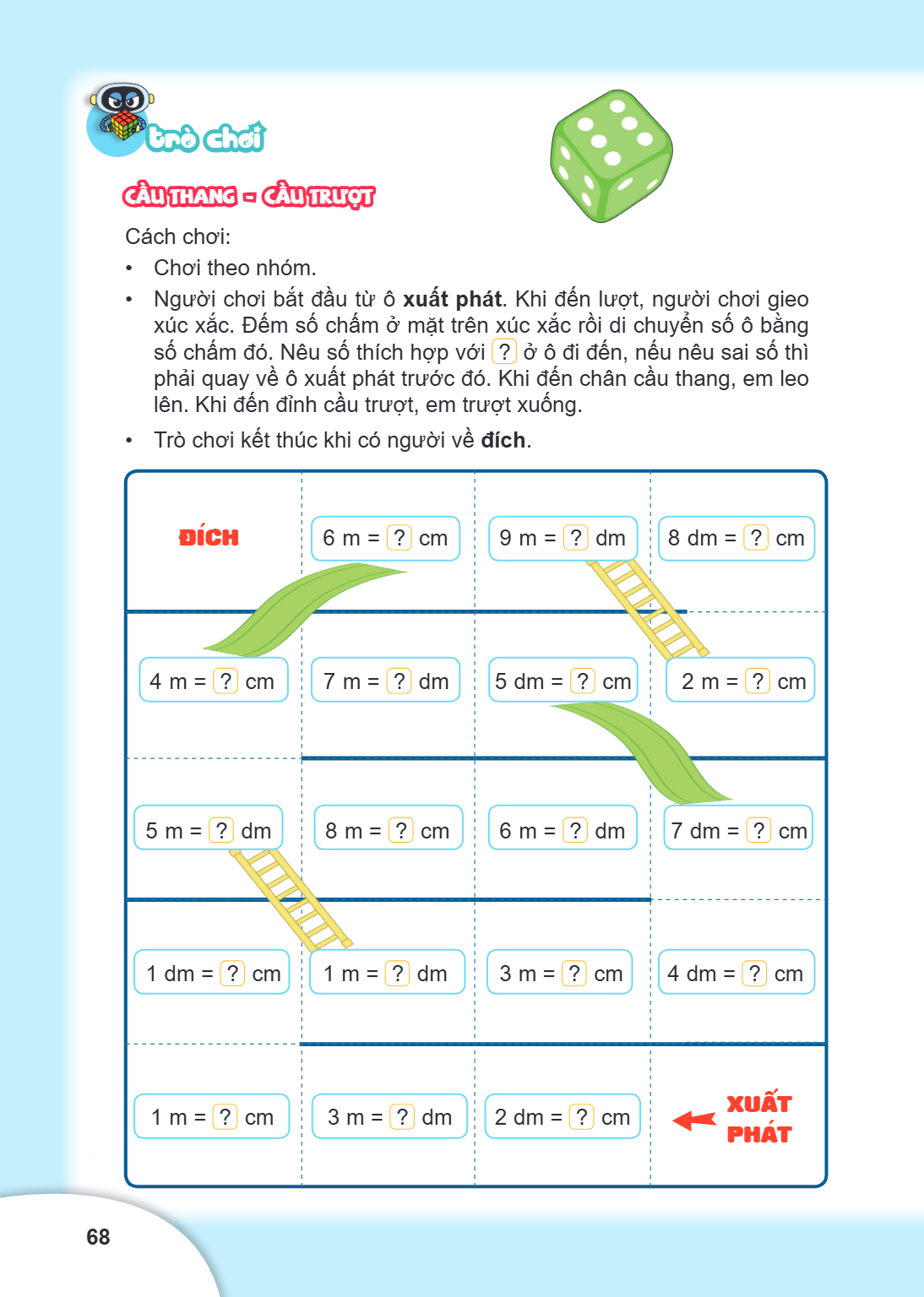 Trò chơi CẦU THANG – CẦU TRƯỢT Cách chơi: Chơi theo nhóm. Người chơi bắt đầu từ ô xuất phát. Khi đến lượt, người chơi gieo xúc xắc. Đếm số chấm ở mặt trên xúc x