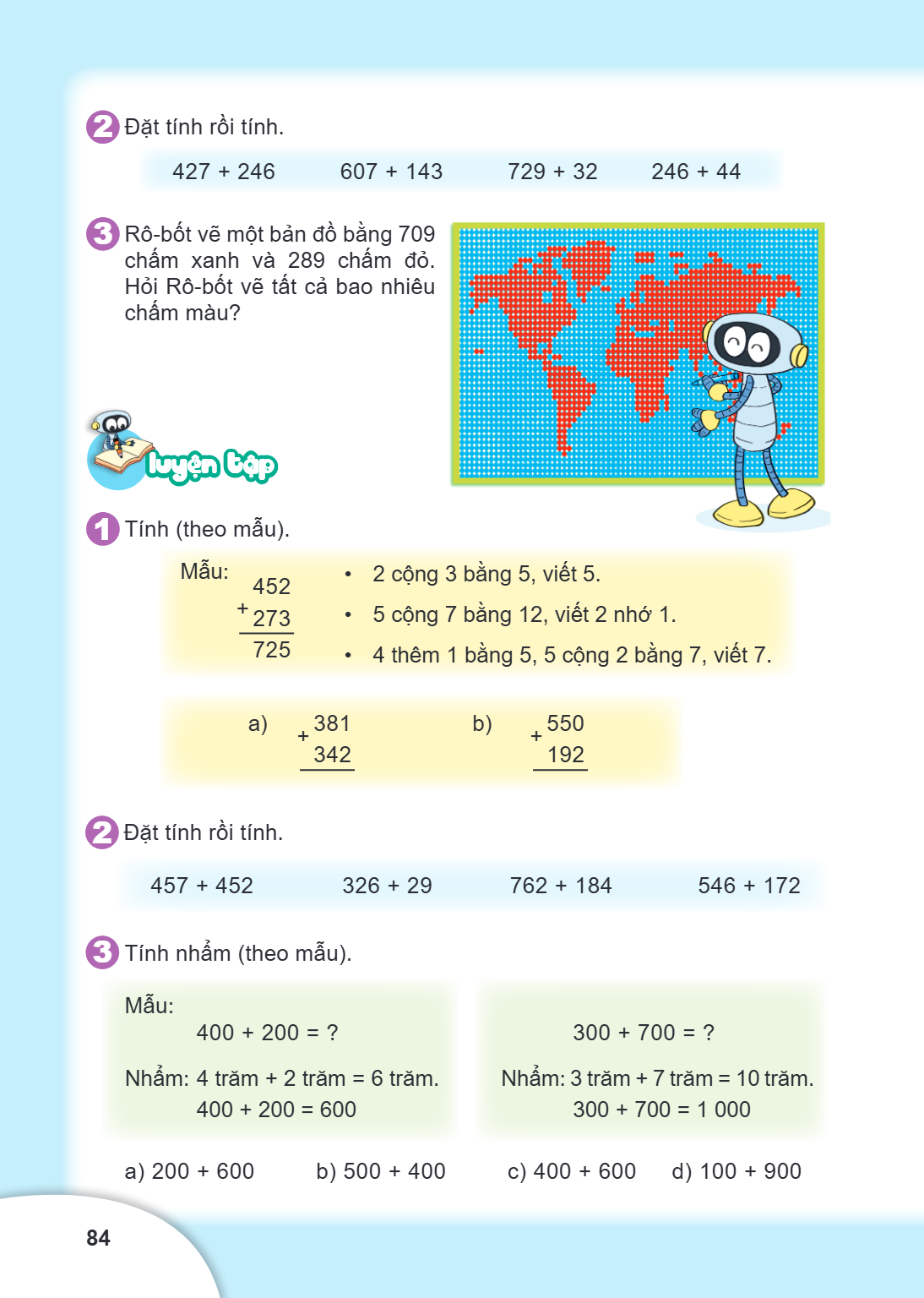 2 Đặt tính rồi tính. 427 + 246 607 + 143 729 + 32 246 + 44 3 Rô-bốt vẽ một bản đồ bằng 709 chấm xanh và 289 chấm đỏ. Hỏi Rô-bốt vẽ tất cả bao nhiêu chấm màu? Lu
