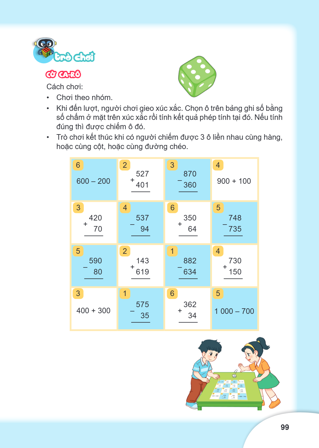 trò chơi CỜ CA-RÔ Cách chơi: Chơi theo nhóm. Khi đến lượt, người chơi gieo xúc xắc. Chọn ô trên bảng ghi số bằng số chấm ở mặt trên xúc xắc rồi tính kết quả phé