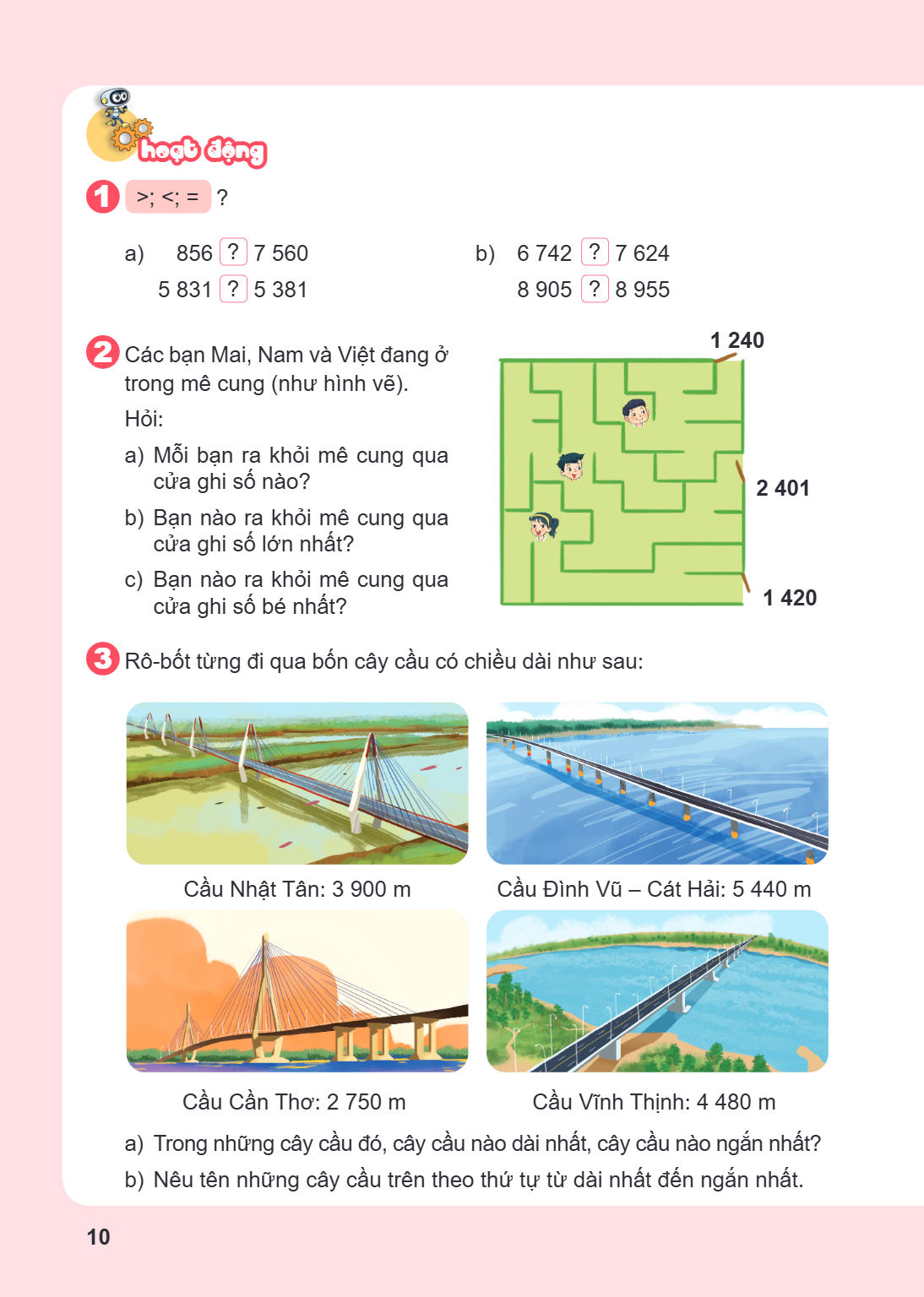 Hoạt động 1. >; <; = ? a) 856 [?] 7 560 5 831 [?] 5 381 b) 6 742 [?] 7 624 8 905 [?] 8 955 2. Các bạn Mai, Nam và Việt đang ở trong mê cung (như hình vẽ). Hỏi: 