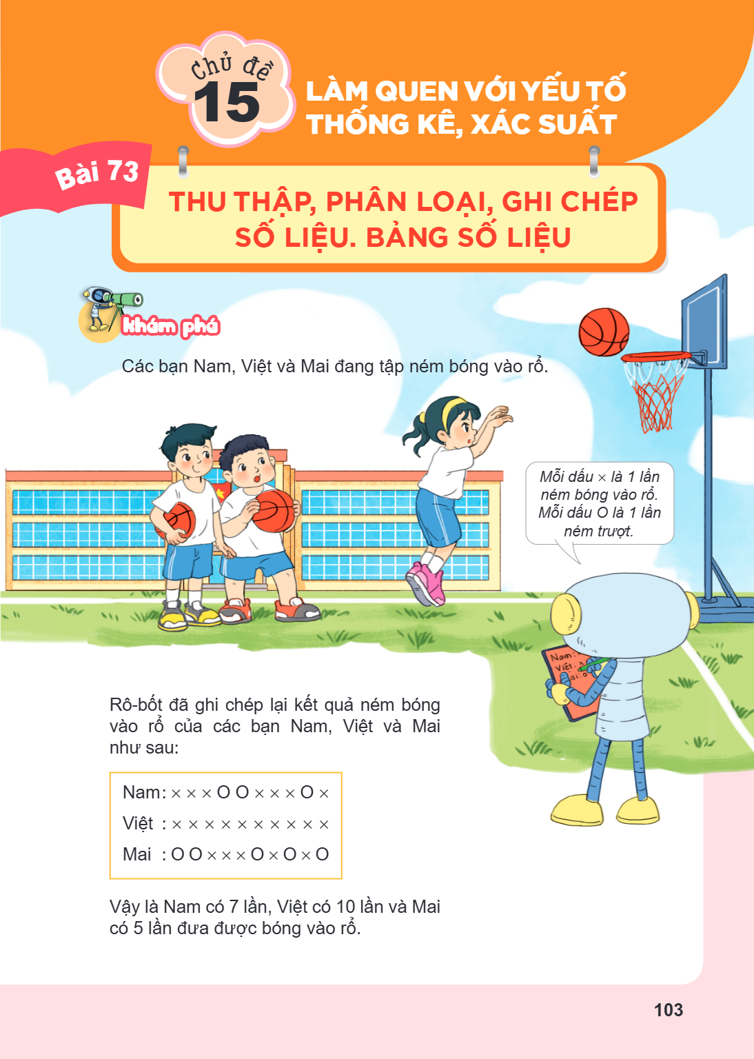 Chủ đề 15 LÀM QUEN VỚI YẾU TỐ THỐNG KÊ, XÁC SUẤT Bài 73. Thu thập, phân loại, ghi chép số liệu. Bảng số liệu Khám phá Các bạn Nam, Việt và Mai đang tập ném bóng