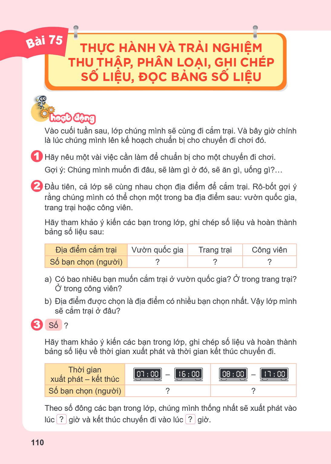 Thực hành và trải nghiệm thu thập, phân loại, ghi chép số liệu, đọc bảng số liệu hoạt động Vào cuối tuần sau, lớp chúng mình sẽ cùng đi cắm trại. Và bây giờ chí