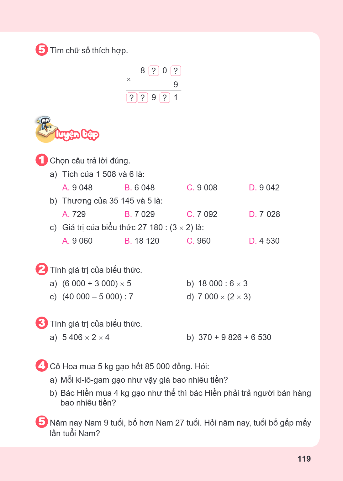 Tìm chữ số thích hợp. $$ \begin{array}{r@{\quad}l} 8 & \boxed{?} 0 \boxed{?} \ \times & \phantom{8 \boxed{?} 0} 9 \ \hline & \boxed{?} \boxed{?} 9 \boxed{?} 1 \