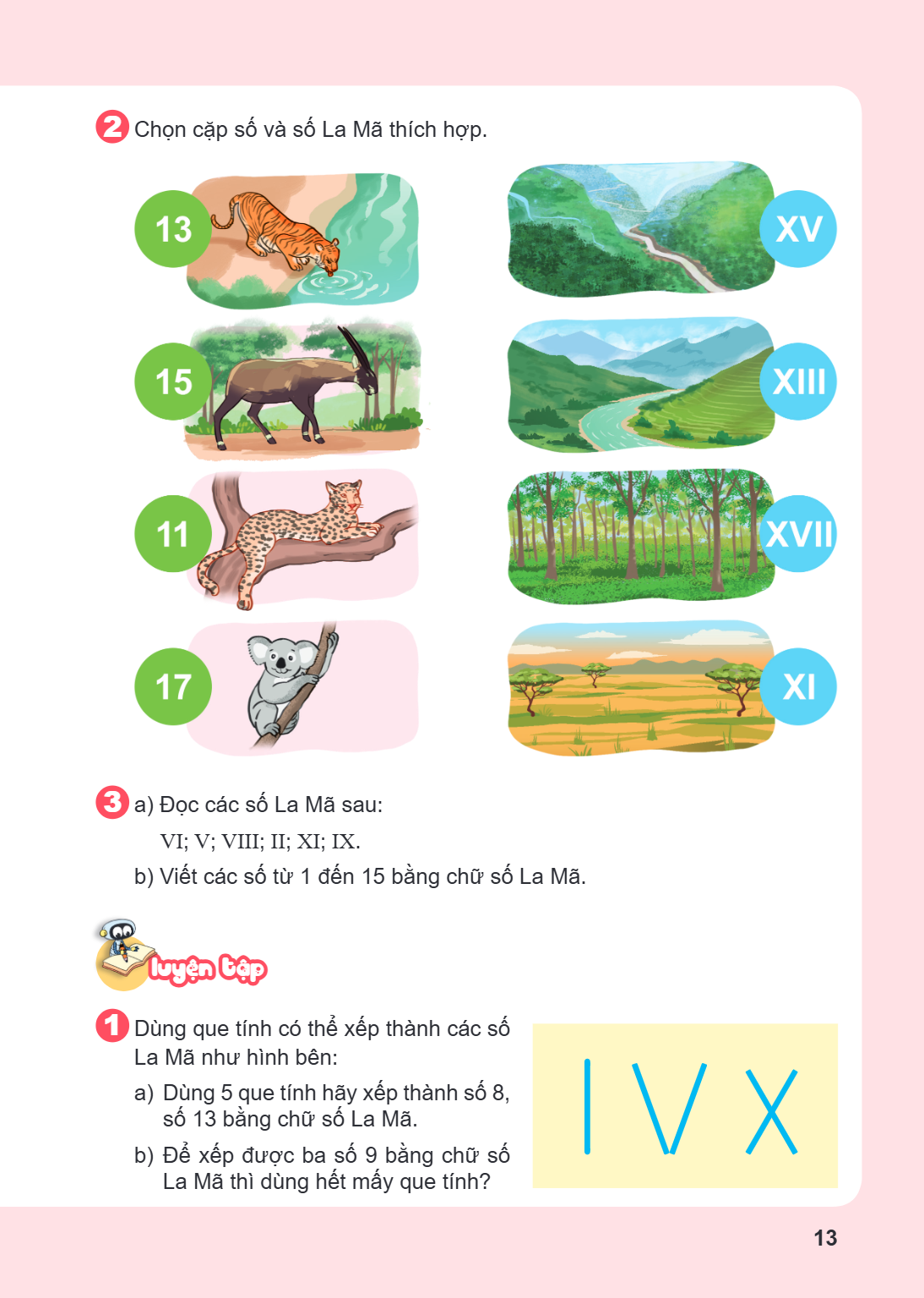 2 Chọn cặp số và số La Mã thích hợp. 13 XV 15 XIII 11 XVII 17 XI 3 a) Đọc các số La Mã sau: VI; V; VIII; II; XI; IX. b) Viết các số từ 1 đến 15 bằng chữ số La M