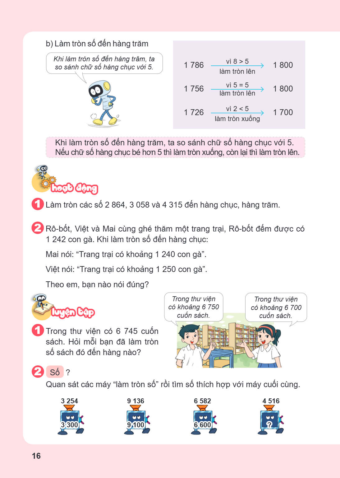 b) Làm tròn số đến hàng trăm Khi làm tròn số đến hàng trăm, ta so sánh chữ số hàng chục với 5. 1 786 $\xrightarrow[\text{làm tròn lên}]{\text{vì } 8 > 5}$ 1 800