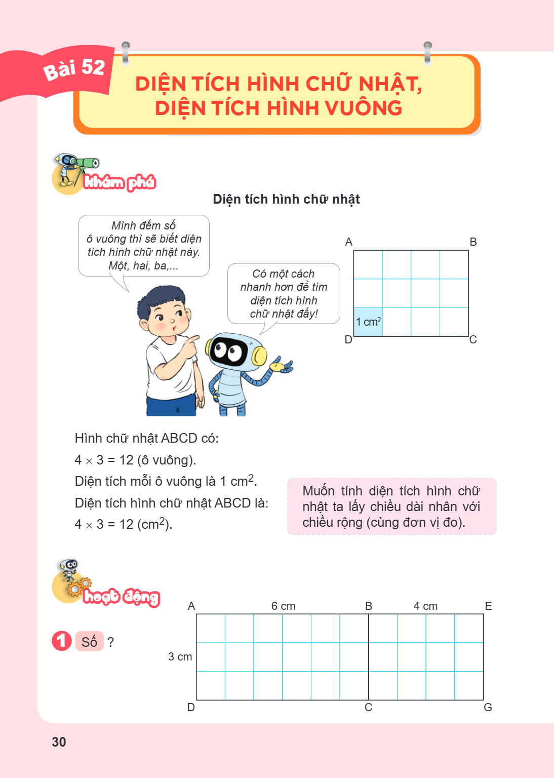 Bài 52. Diện tích hình chữ nhật, diện tích hình vuông Khám phá Diện tích hình chữ nhật Mình đếm số ô vuông thì sẽ biết diện tích hình chữ nhật này. Một, hai, ba