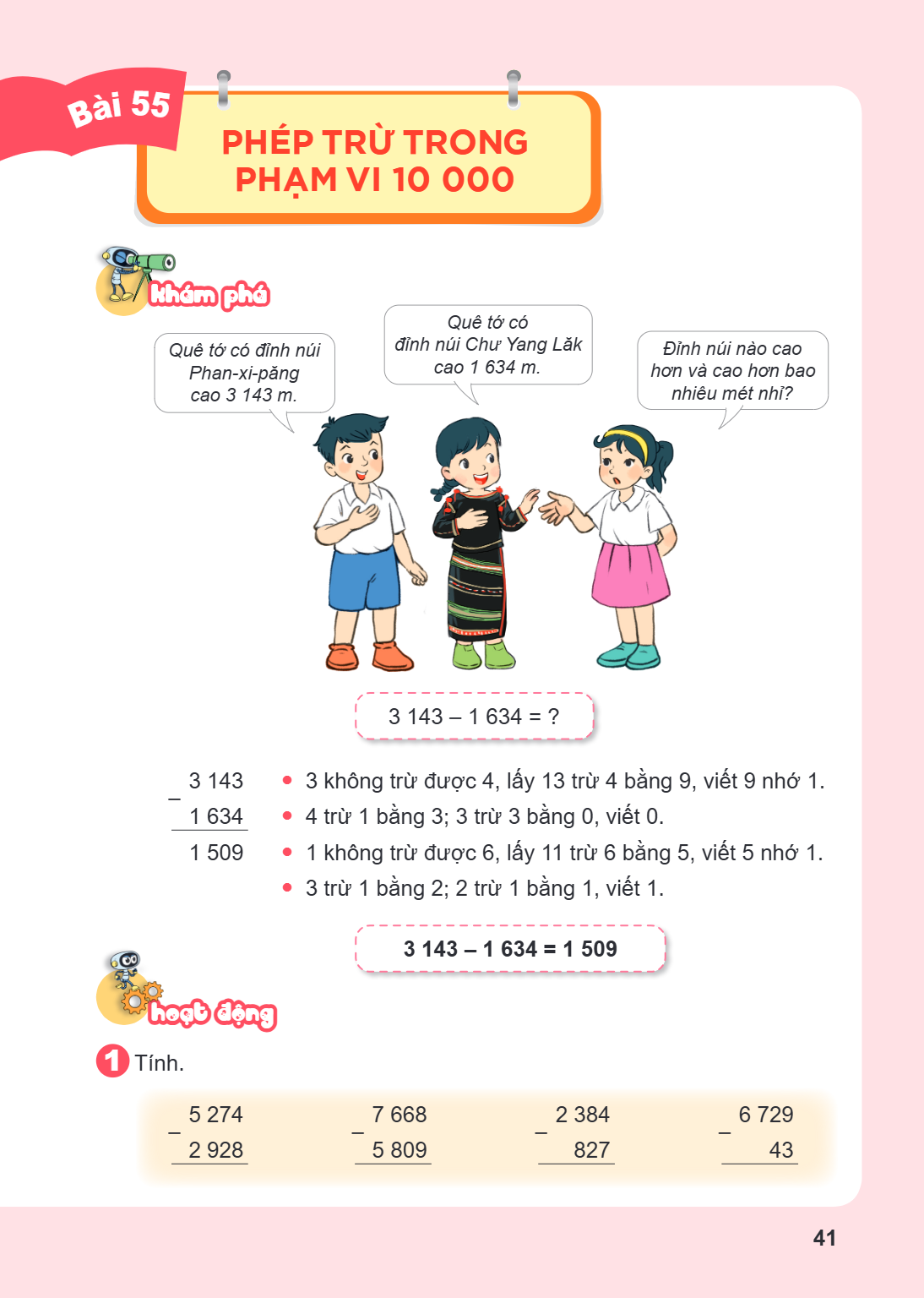 Bài 55. Phép trừ trong phạm vi 10 000 Khám phá Quê tớ có đỉnh núi Phan-xi-păng cao 3 143 m. Quê tớ có đỉnh núi Chư Yang Lăk cao 1 634 m. Đỉnh núi nào cao hơn và