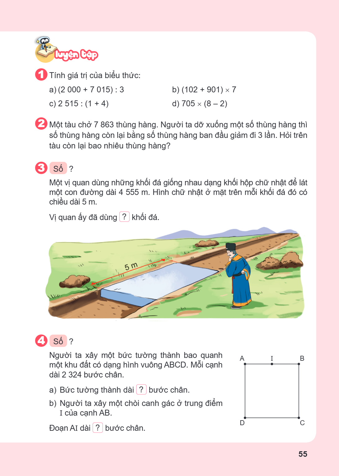 LUYỆN TẬP 1 Tính giá trị của biểu thức: a) $(2,000 + 7,015) : 3$ b) $(102 + 901) \times 7$ c) $2,515 : (1 + 4)$ d) $705 \times (8 - 2)$ 2 Một tàu chở 7 863 thùn